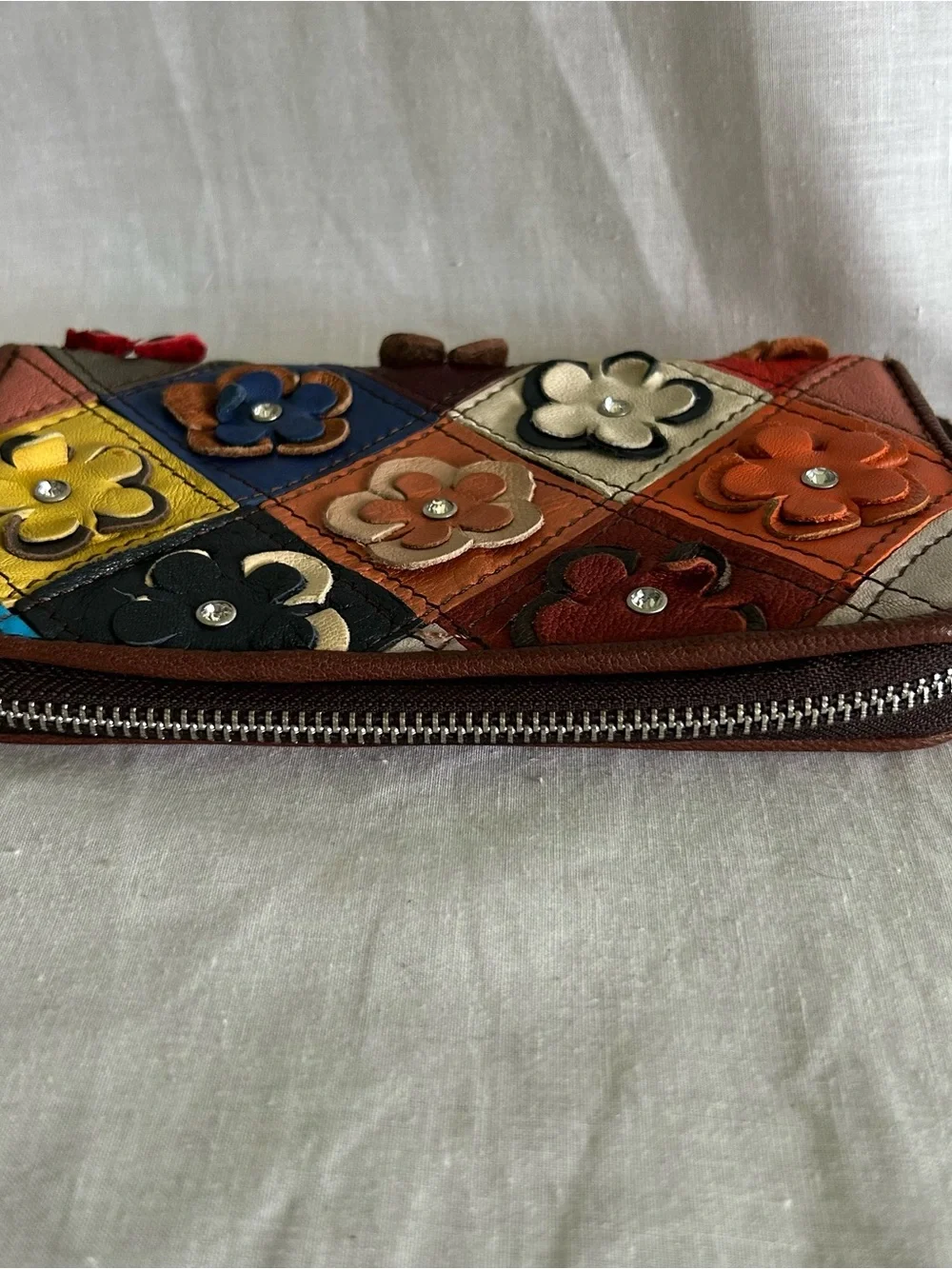3D Flower Patchwork Genuine Leather Wristlet Wallet Zip Around Clutch Multi